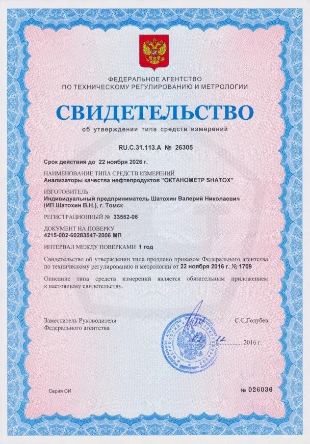 Свидетельство об утверждении типа средств измерений — Октанометр SHATOX